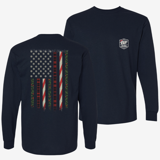 Snowflake Flag Long Sleeve Navy front and back mockup
