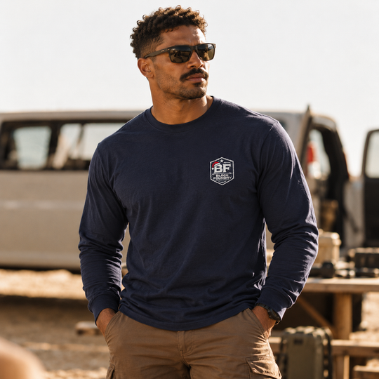 Snowflake Flag Long Sleeve Navy front logo lifestyle creative