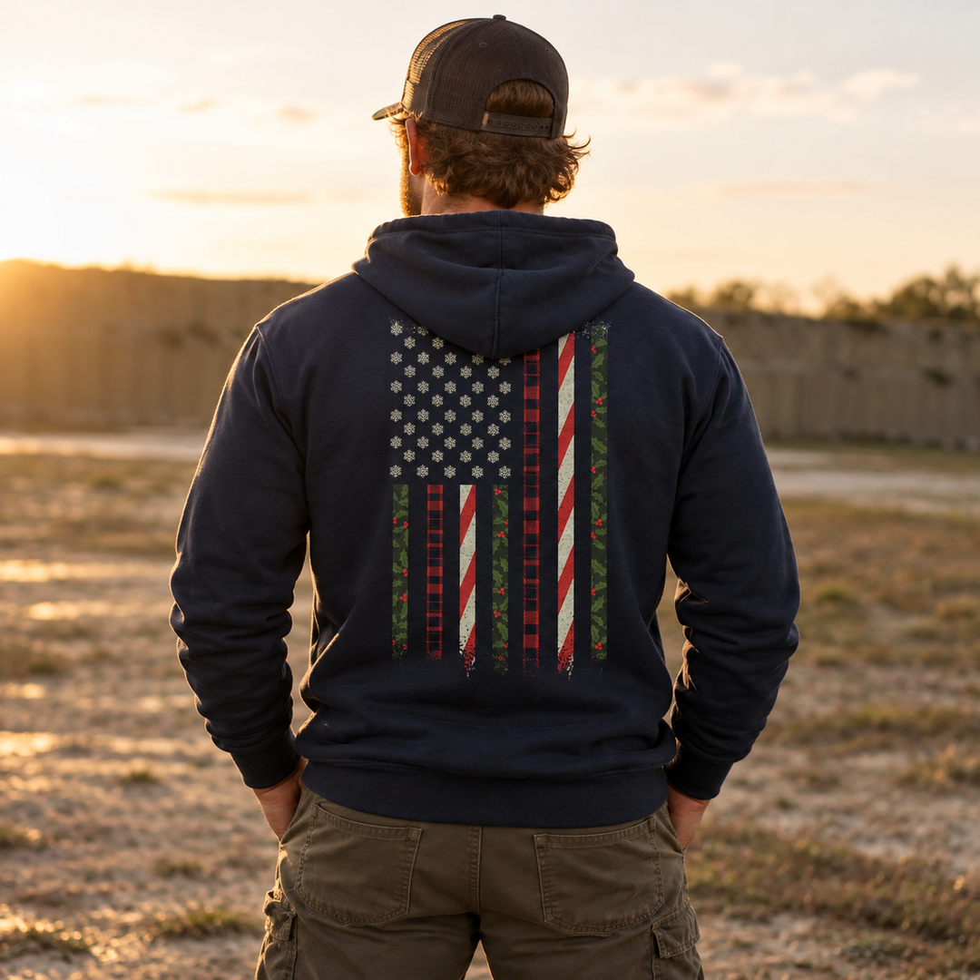 Snowflake Flag Hoodie Navy back design lifestyle creative