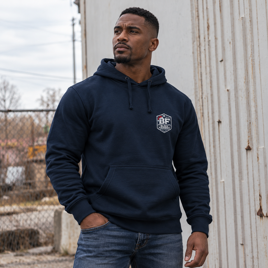Snowflake Flag Hoodie Navy front logo lifestyle creative
