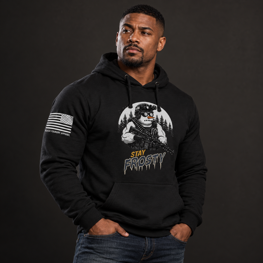 Stay Frosty Ops Hoodie Black front design lifestyle creative