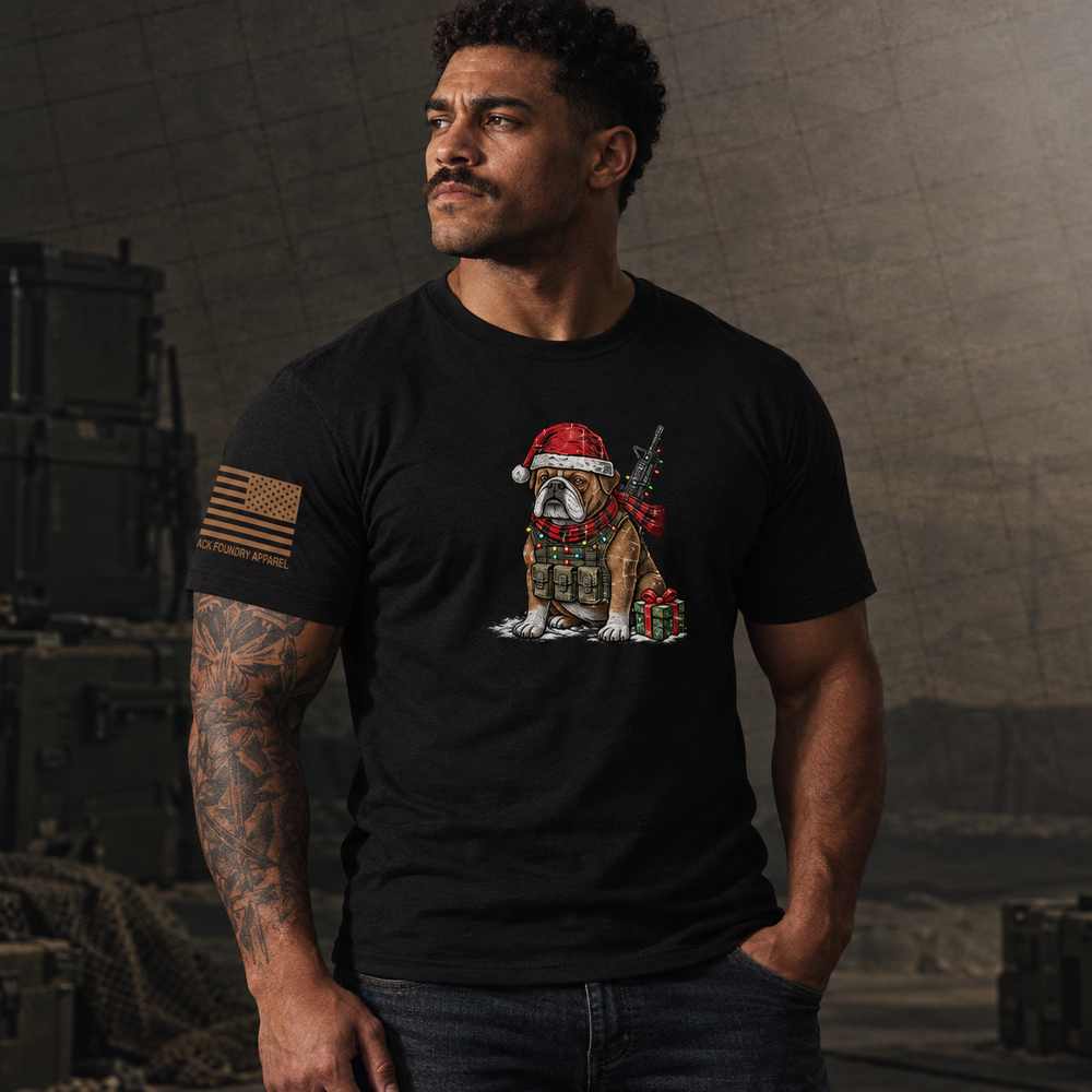 Tactical Bulldog Xmas Ops T-shirt Black front design lifestyle creative