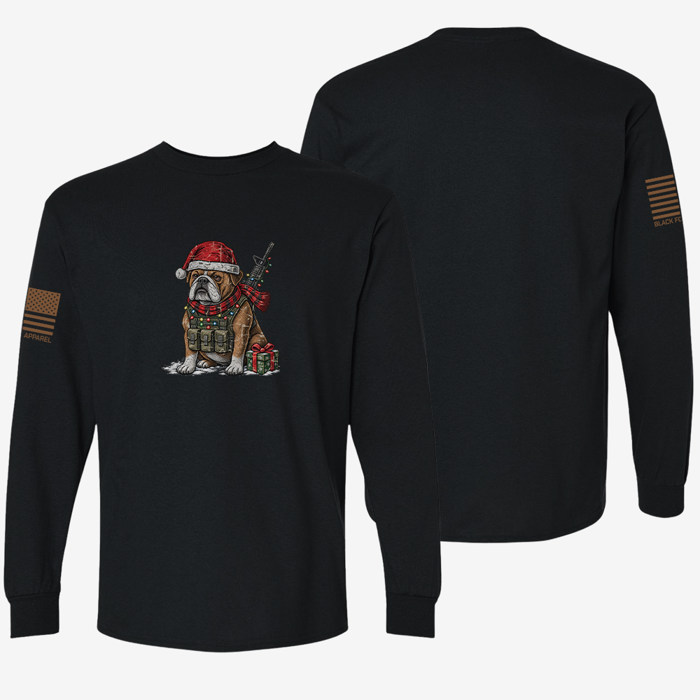 Tactical Bulldog Xmas Ops Long Sleeve Black front and back mockup