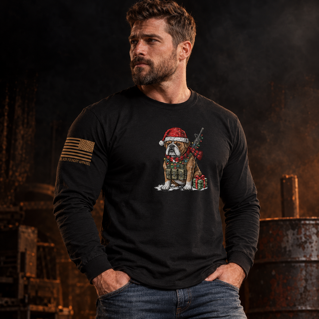 Tactical Bulldog Xmas Ops Long Sleeve Black front design lifestyle creative