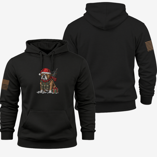 Tactical Bulldog Xmas Ops Hoodie Black front and back mockup
