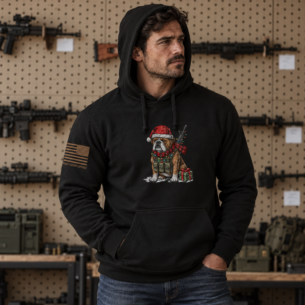 Tactical Bulldog Xmas Ops Hoodie Black front design lifestyle creative
