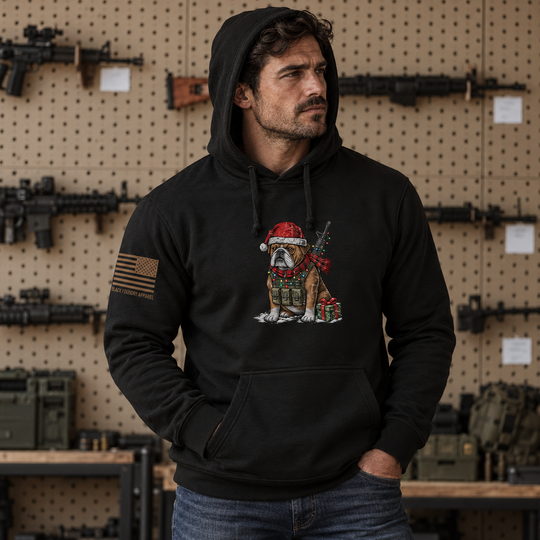 Tactical Bulldog Xmas Ops Hoodie Black front design lifestyle creative