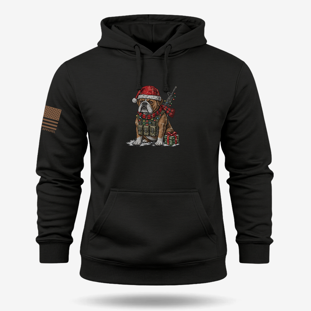 Tactical Bulldog Xmas Ops Hoodie Black main printed design mockup