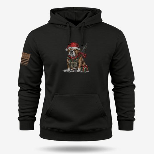 Tactical Bulldog Xmas Ops Hoodie Black main printed design mockup