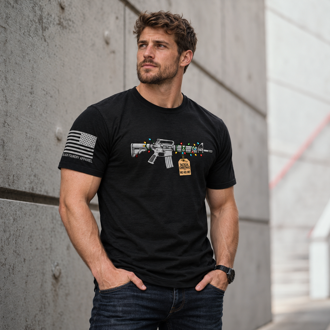 Tactical Christmas Ho Ho Ho T-shirt Black front design lifestyle creative