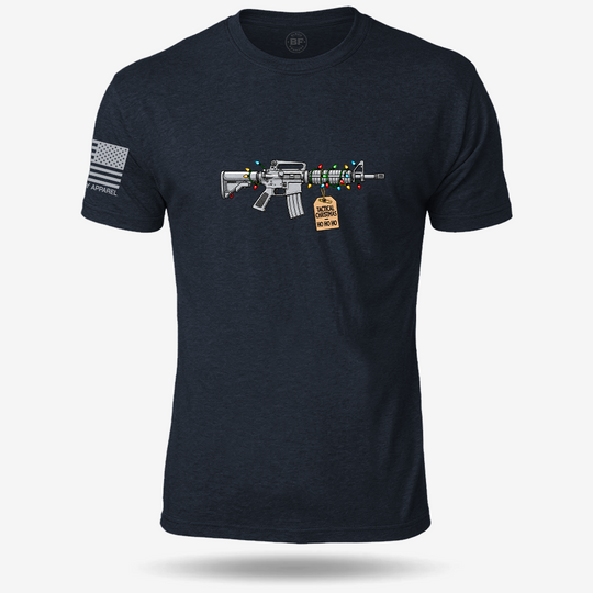 Tactical Christmas Ho Ho Ho T-shirt Heather Navy front design mockup