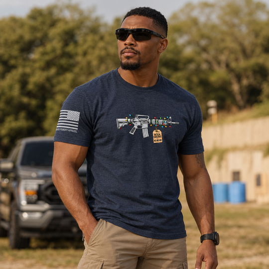 Tactical Christmas Ho Ho Ho T-shirt Heather Navy front design lifestyle creative