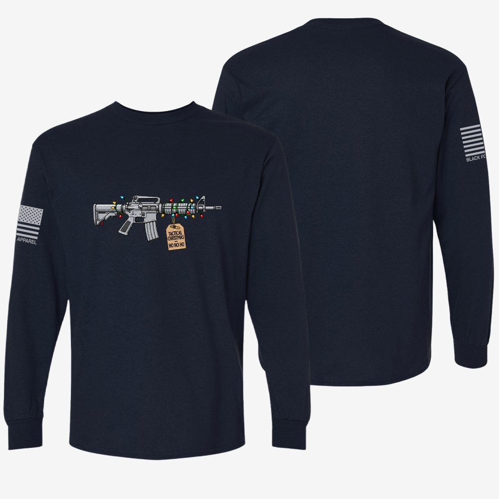 Tactical Christmas Ho Ho Ho Long Sleeve Navy front and back mockup