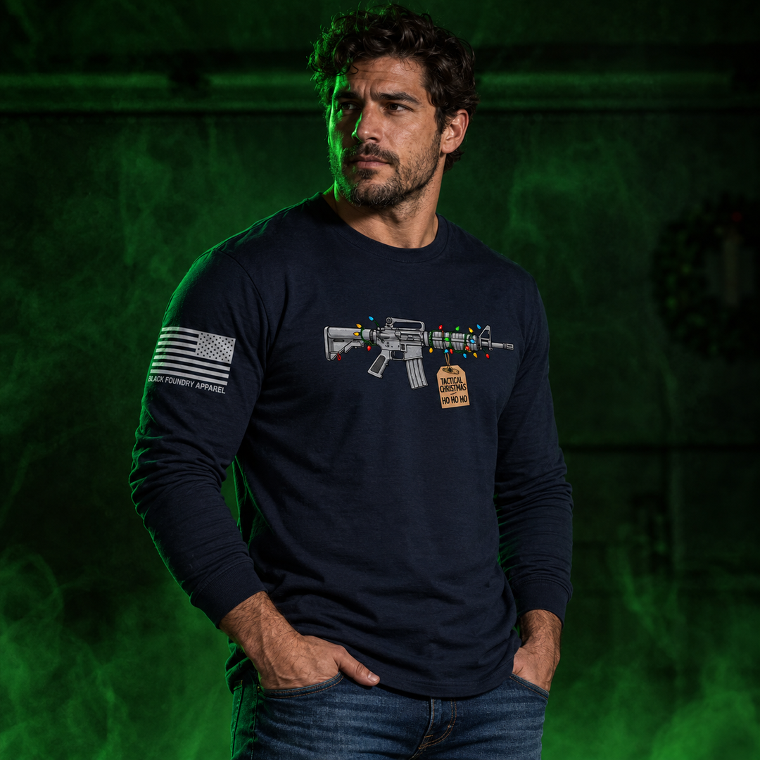 Tactical Christmas Ho Ho Ho Long Sleeve Navy front design lifestyle creative