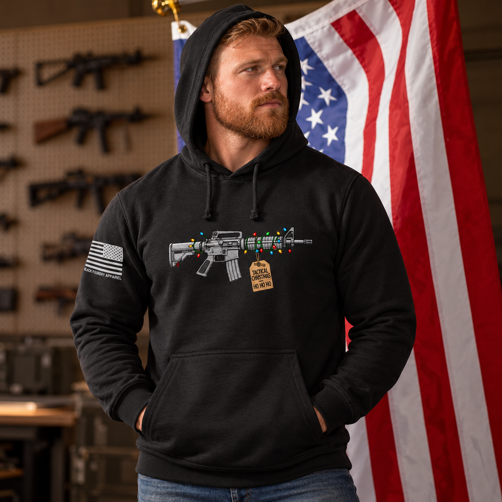 Tactical Christmas Ho Ho Ho Hoodie Black front design lifestyle creative