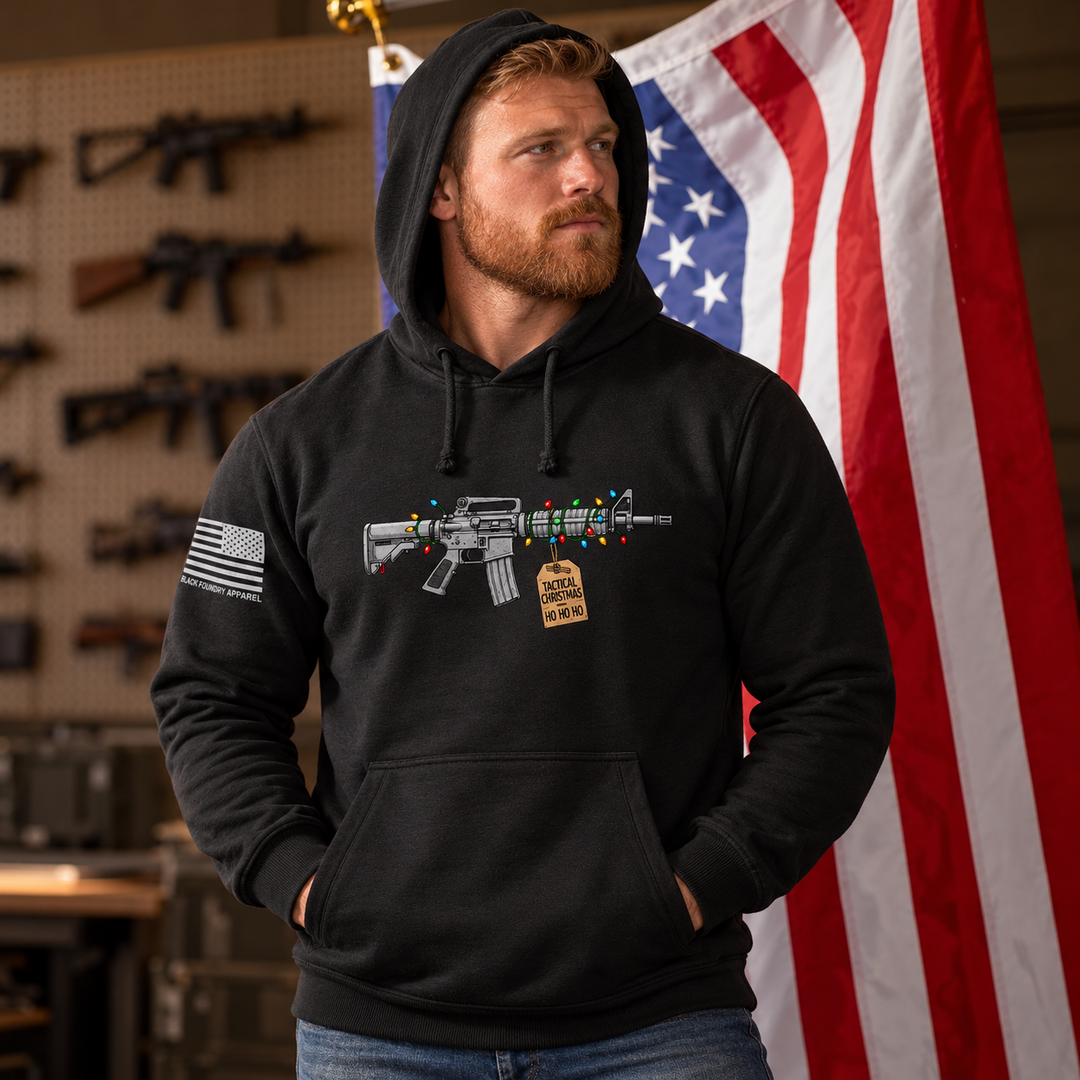 Tactical Christmas Ho Ho Ho Hoodie Black front design lifestyle creative