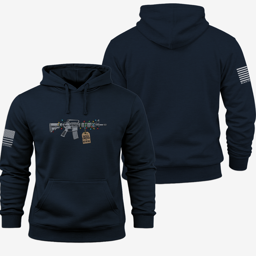 Tactical Christmas Ho Ho Ho Hoodie Navy front and back mockup