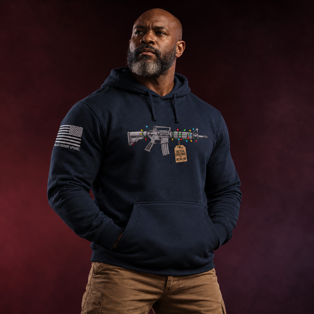 Tactical Christmas Ho Ho Ho Hoodie Navy front design lifestyle creative