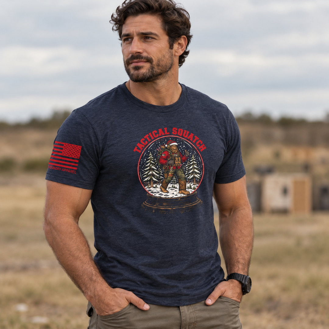 Tactical Quatch T-shirt Heather Navy front design lifestyle creative