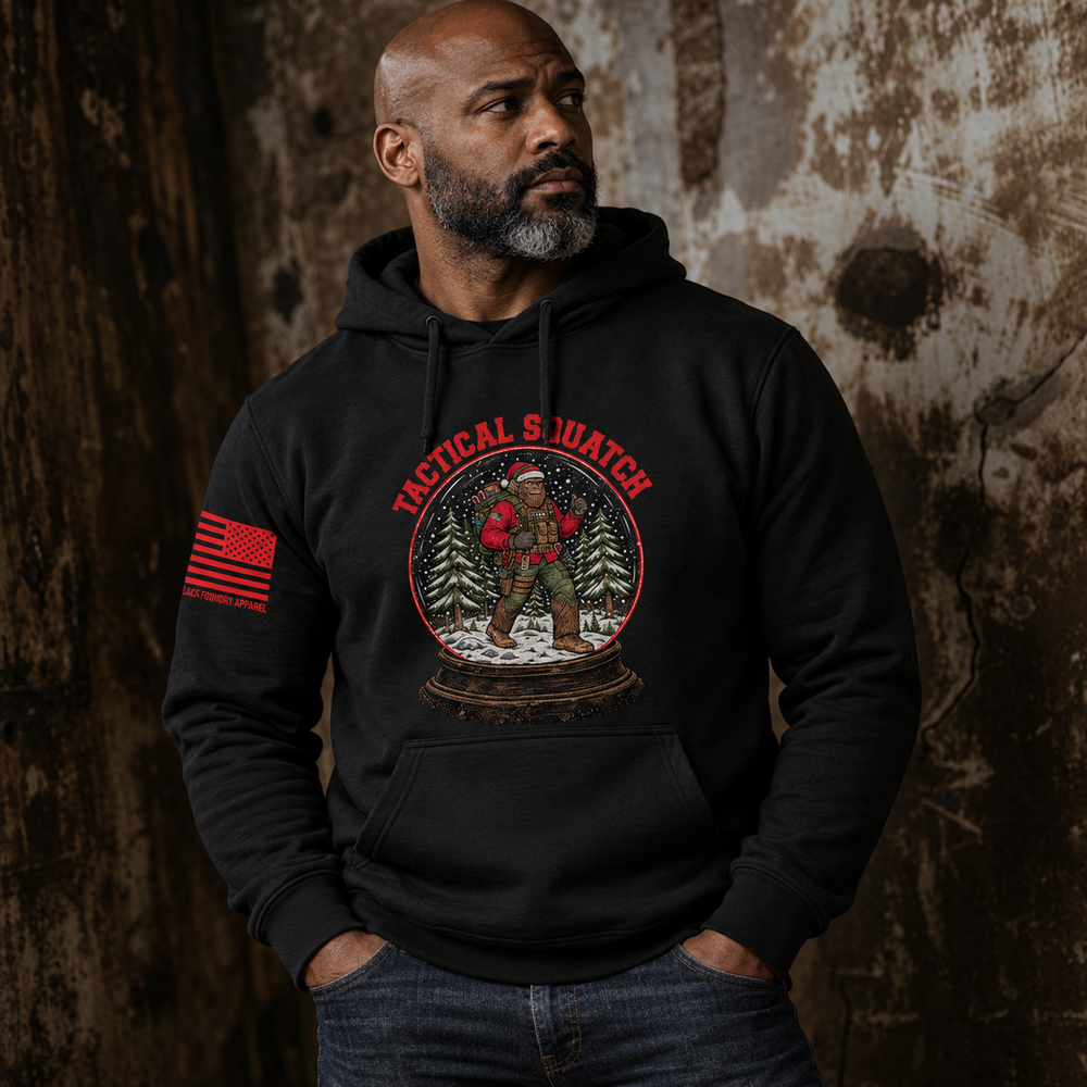 Tactical Quatch Hoodie Black front design lifestyle creative