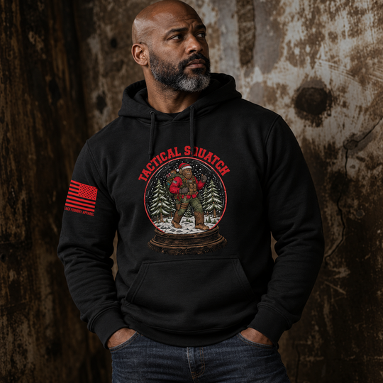 Tactical Quatch Hoodie Black front design lifestyle creative