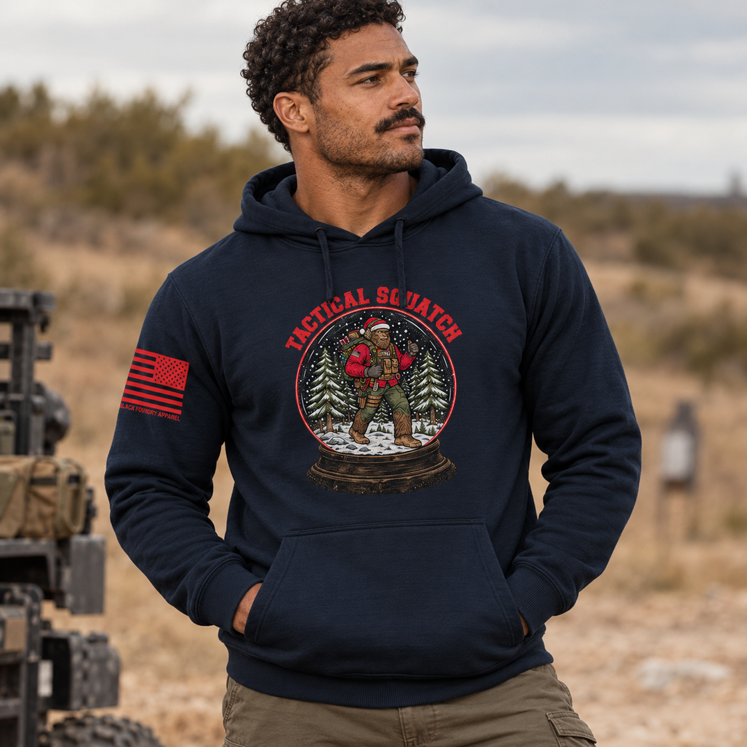 Tactical Quatch Hoodie Navy front design lifestyle creative