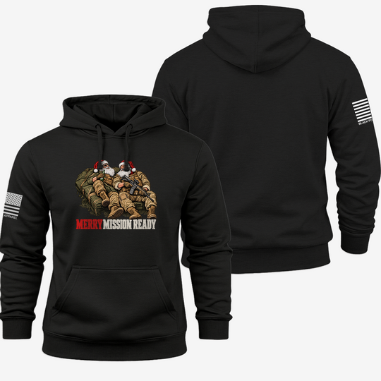 Tactical Santa Brotherhood Hoodie Black front and back mockup