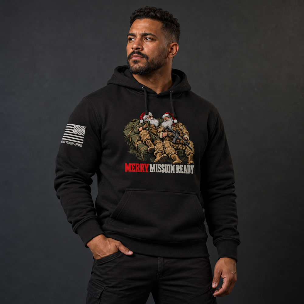 Tactical Santa Brotherhood Hoodie Black front design lifestyle creative