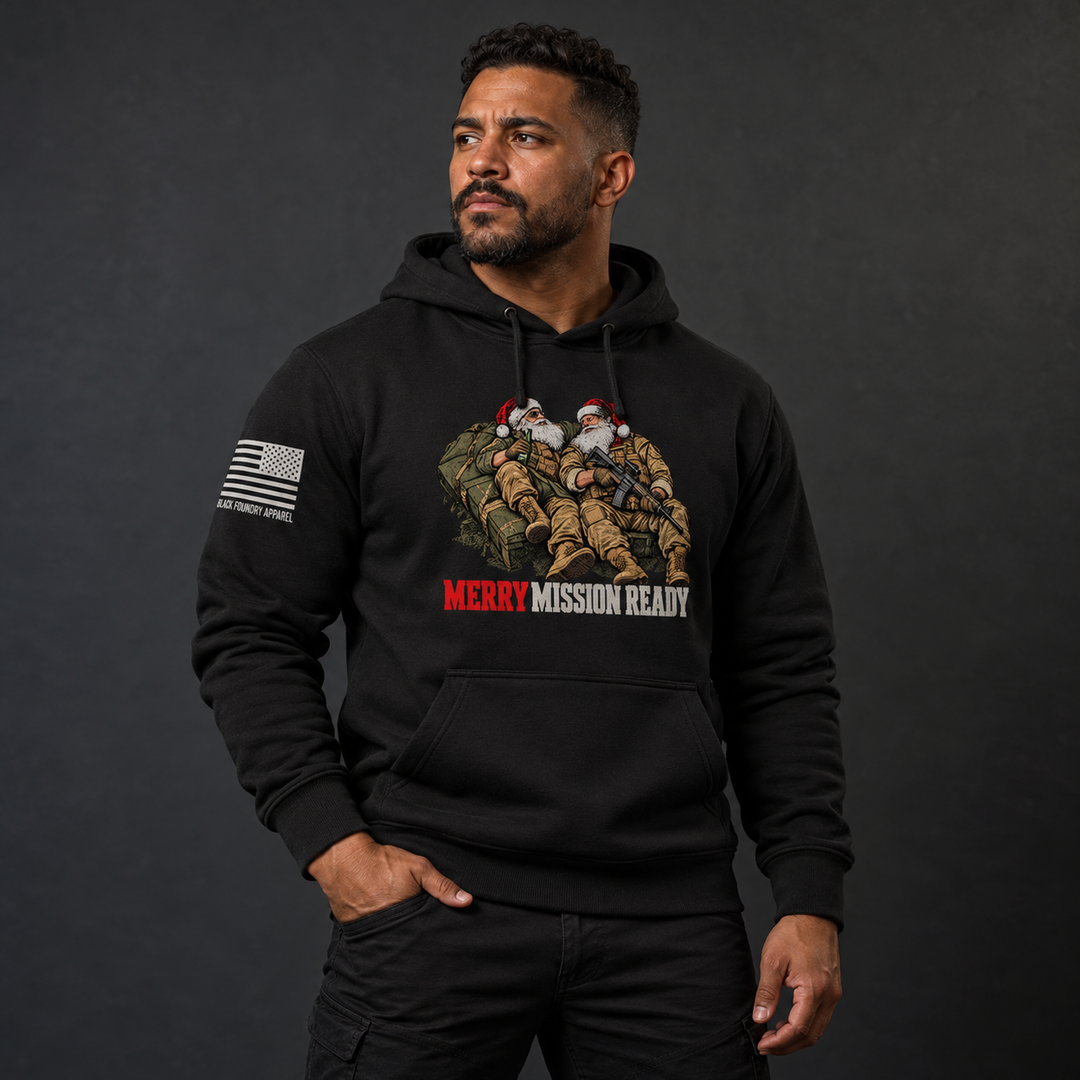 Tactical Santa Brotherhood Hoodie Black front design lifestyle creative