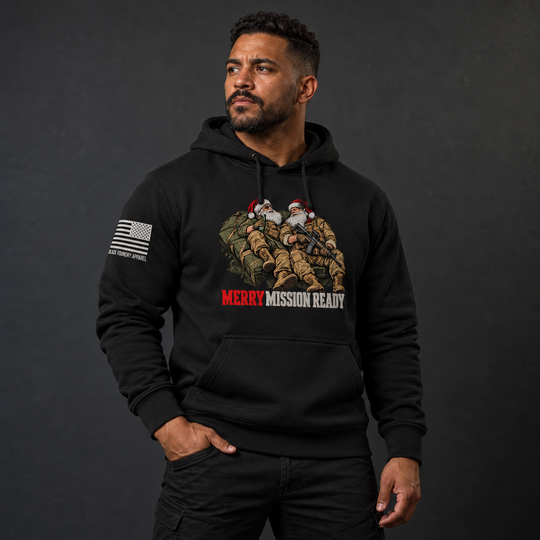 Tactical Santa Brotherhood Hoodie Black front design lifestyle creative