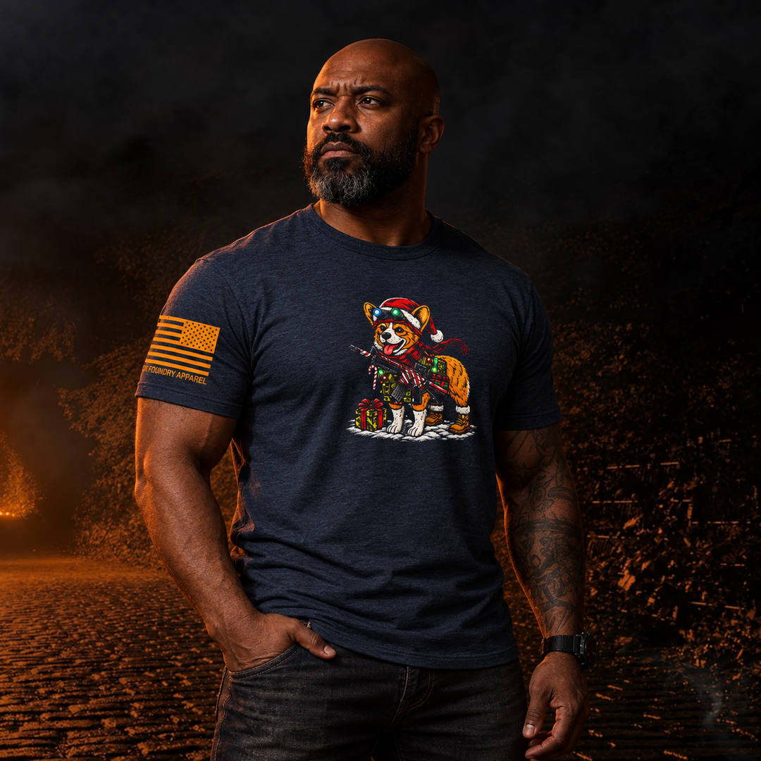 Tacticorgi Xmas Ops T-shirt Heather Navy front design lifestyle creative