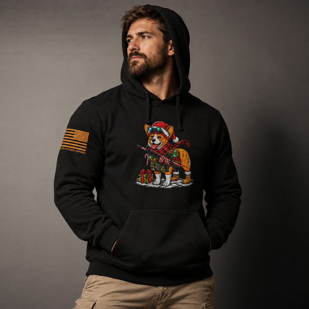 Tacticorgi Xmas Ops Hoodie Black front design lifestyle creative