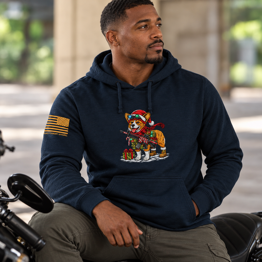Tacticorgi Xmas Ops Hoodie Navy front design lifestyle creative