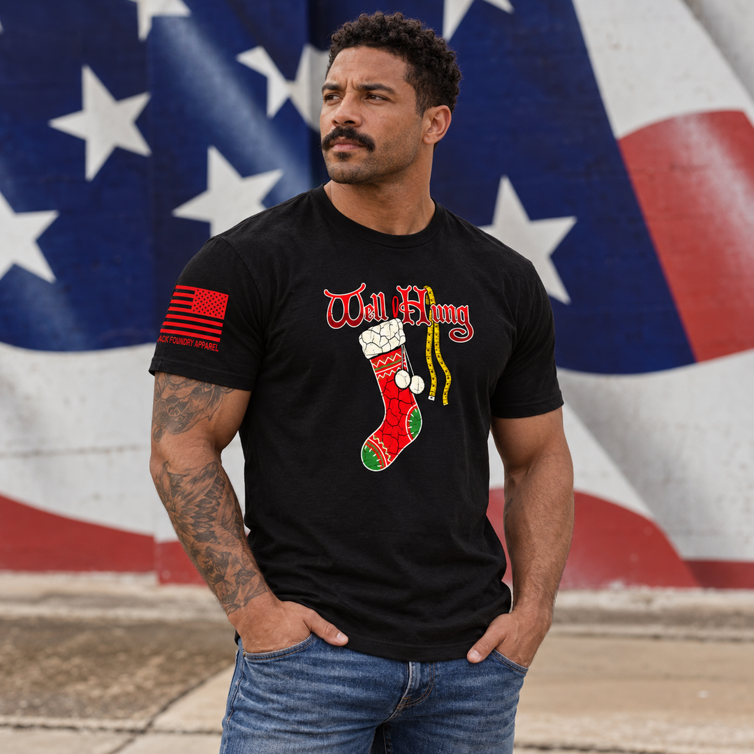 Well Hung T-shirt Black front design lifestyle creative