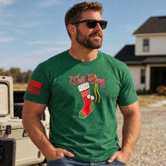 Well Hung T-shirt Heather Green front design lifestyle creative