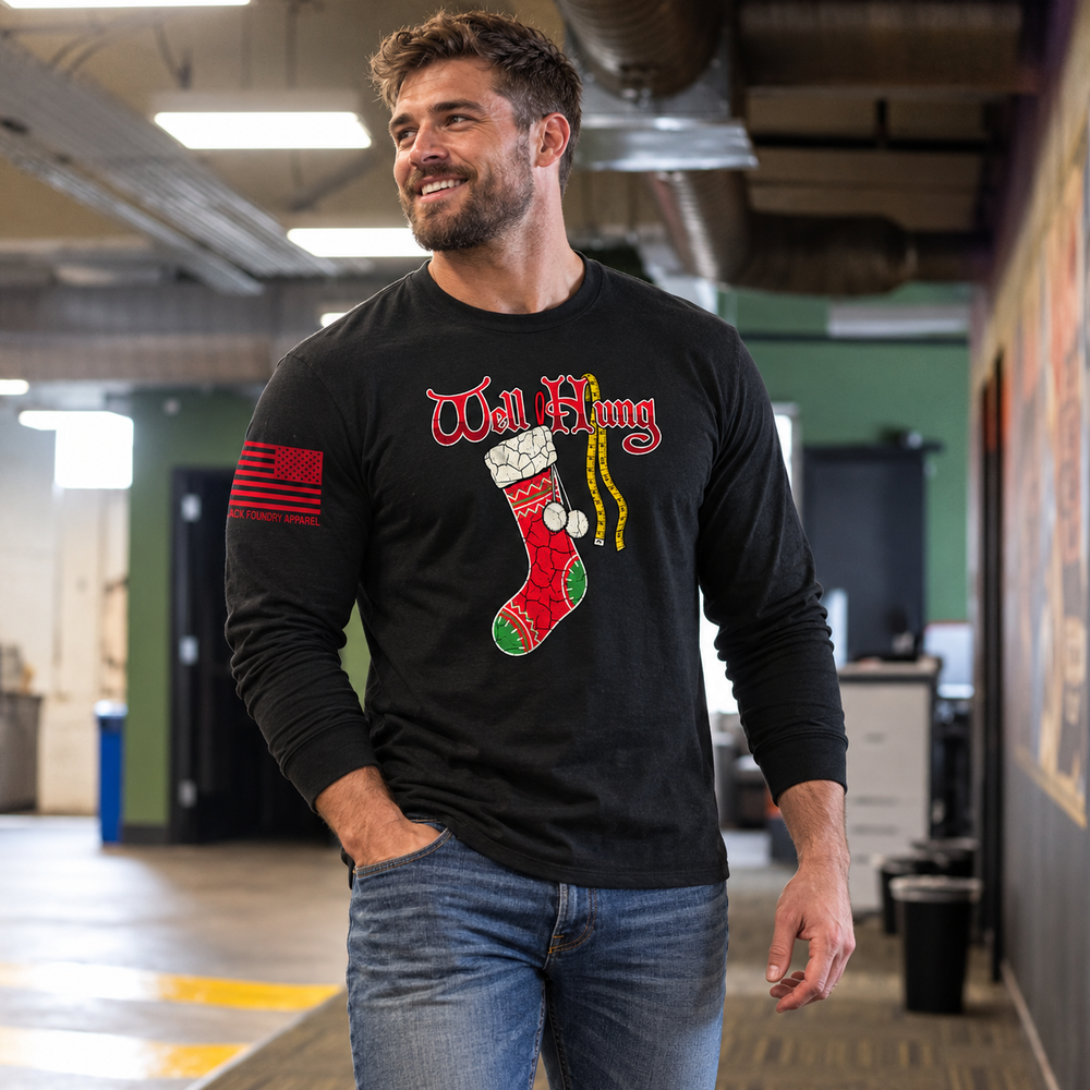 Well Hung Long Sleeve Black front design lifestyle creative