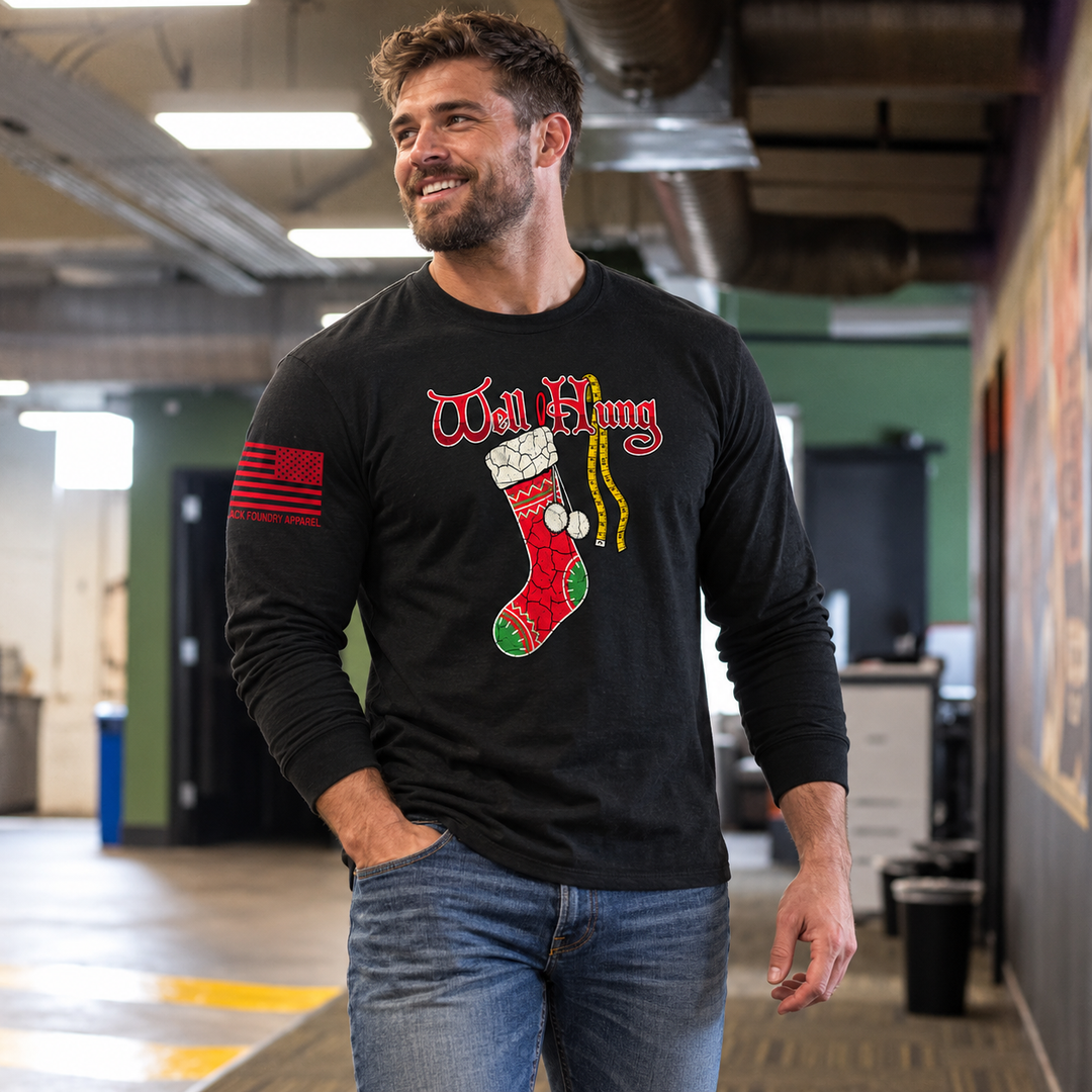 Well Hung Long Sleeve Black front design lifestyle creative
