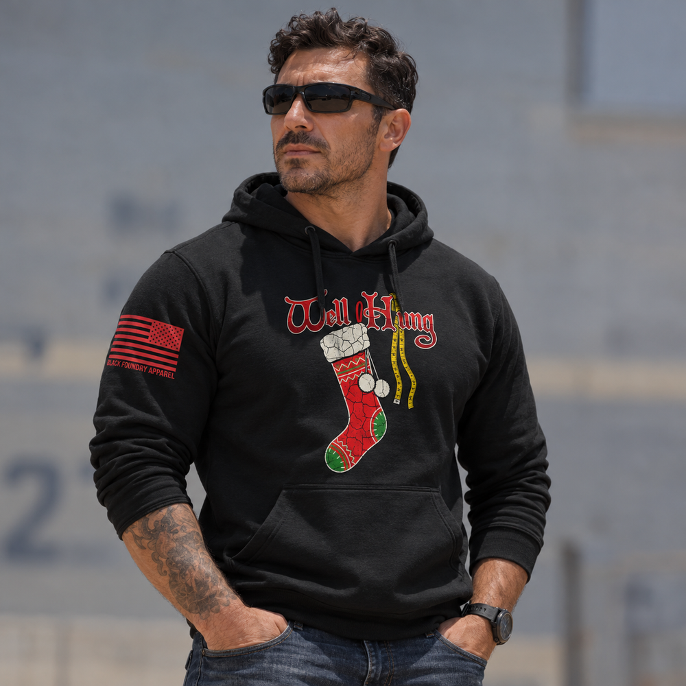 Well Hung Hoodie Black front design lifestyle creative