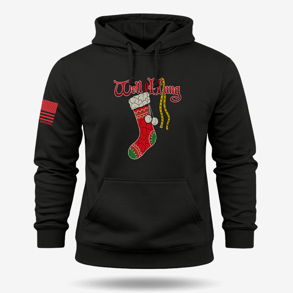 Well Hung Hoodie Black main printed design mockup