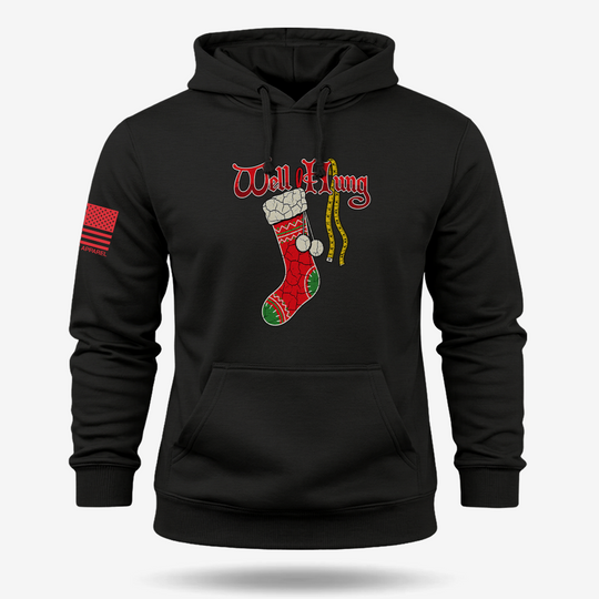 Well Hung Hoodie Black main printed design mockup